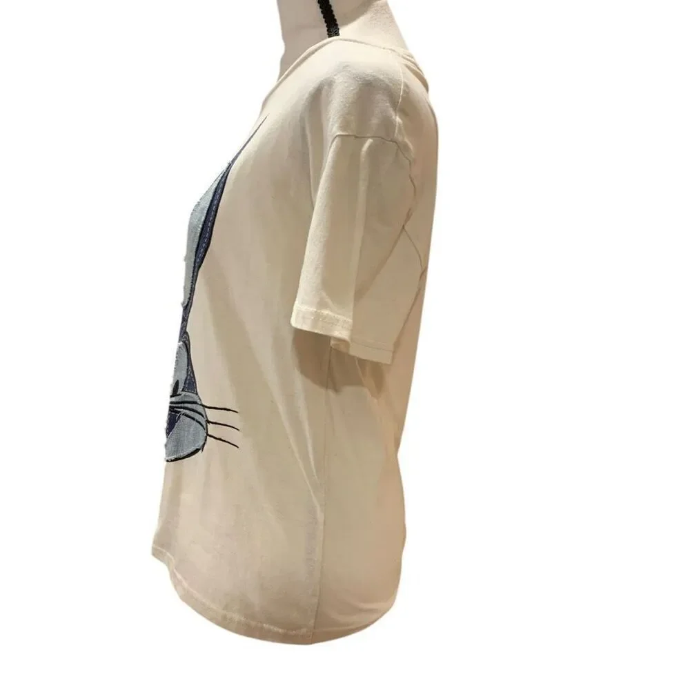 Looney Tunes Vintage  Bugs Bunny Embroidered Denim Off-White T-Shirt Women Small
